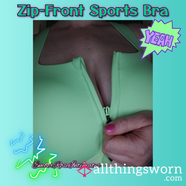 Sweaty Fluorescent Green Zip-Front Sports Bra (Size 38C)