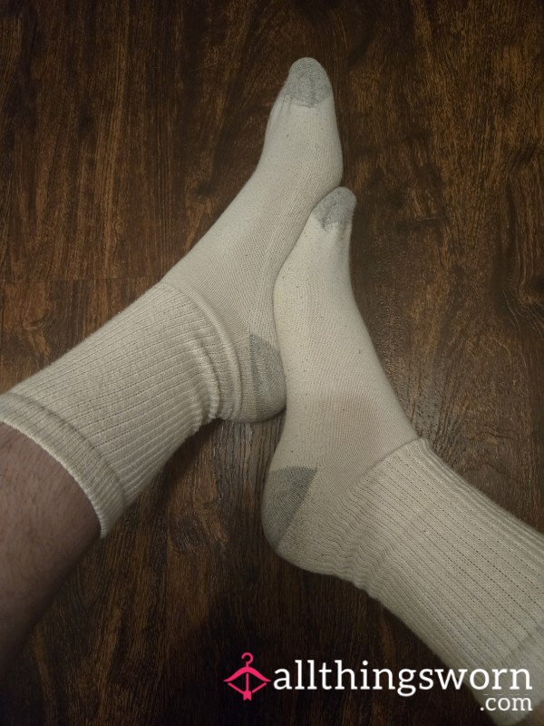 White Hanes Sweaty Socks Worn On My 8hr Serving Shift!