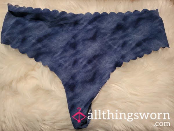 T14: XL Blue Tie Die Victoria Secret Scalloped No Show Thong