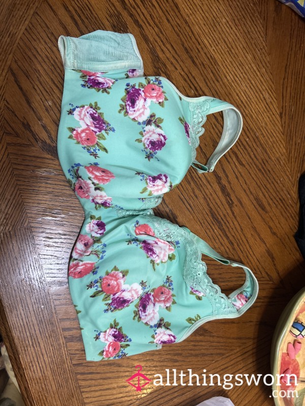 Teal And Pink Flowers Bra