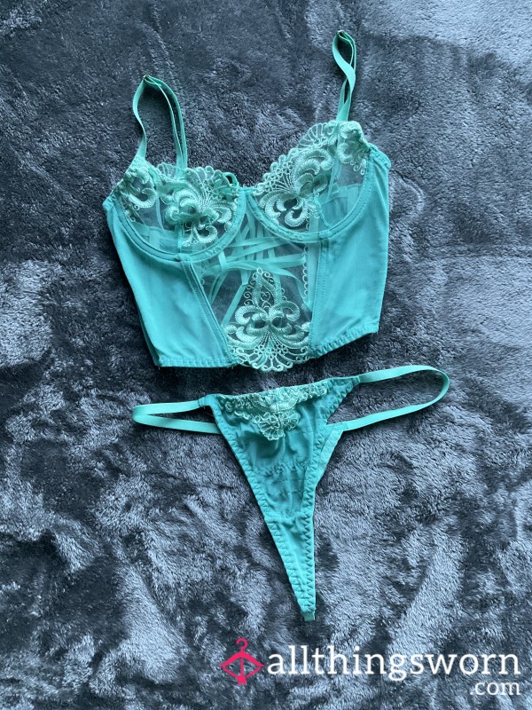 Teal Blue Corset Style Lace Lingerie Set Size S (REDUCED PRICE)