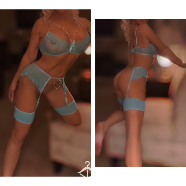 Teal Cage Bra, Panty & Garter Set