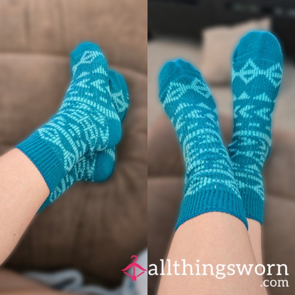 Teal Fuzzy Crew Socks