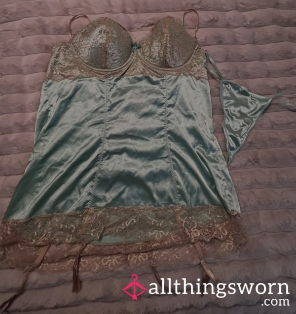 Mint Green Satin And Lace Molded Cup Babydoll