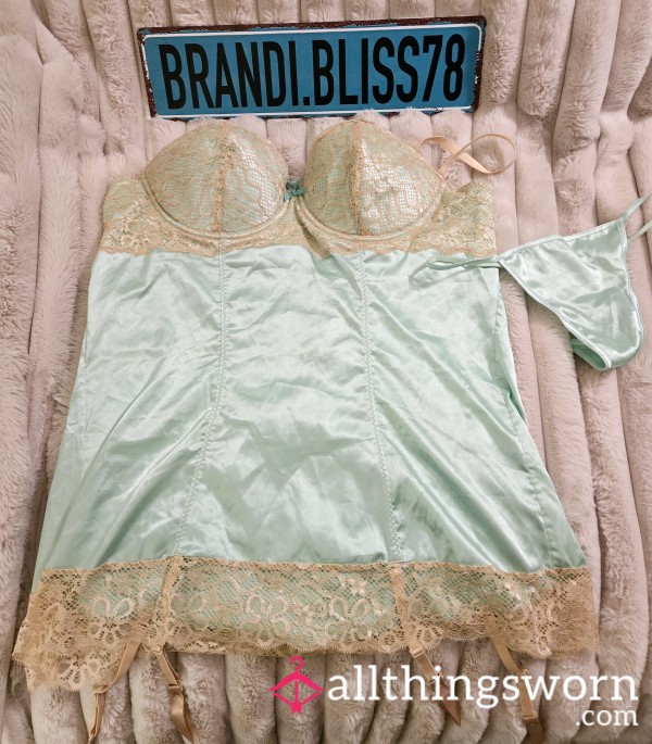 🌶Mint Green Satin And Lace Molded Cup Babydoll🌶