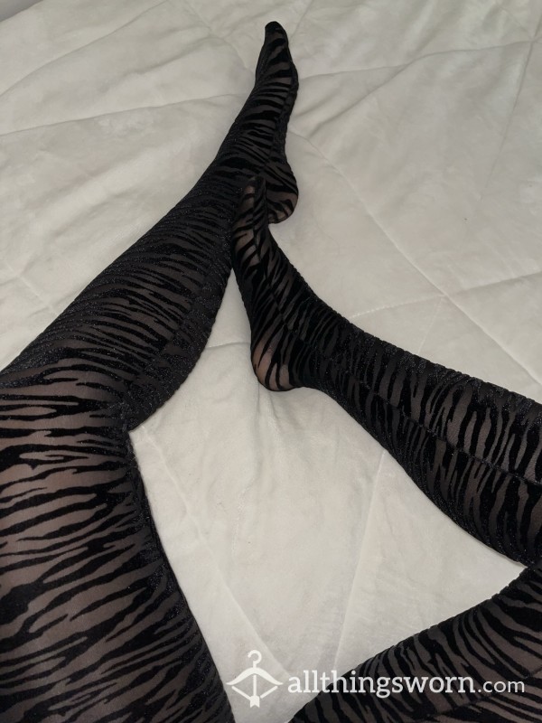 Tight Velvety Black Zebra Striped Pantyhose