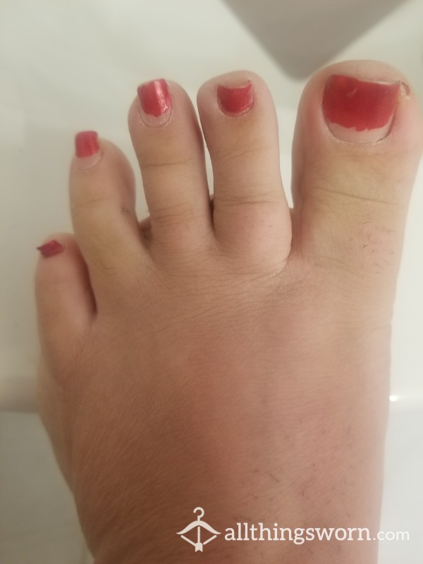 Too Long Painted Toe Nails Close Up Of Soles, Sp*tting On Feet And Rubbing It In