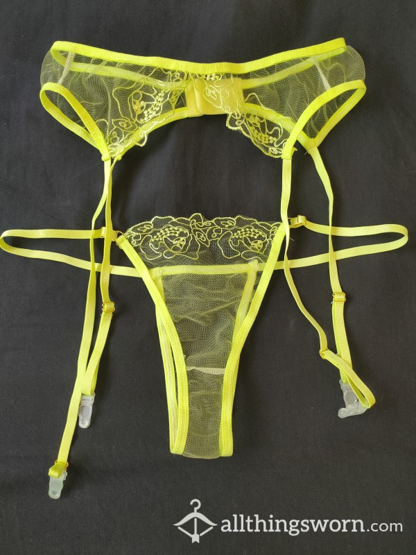 Topless Fluro Green Thong And Garter Belt Photo Set