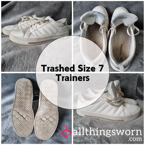 Trashed White Court Style Trainers With Diamanté Detail | Size 7 | Holes In Soles | See Listing For More Details - From £30.00 + P&P