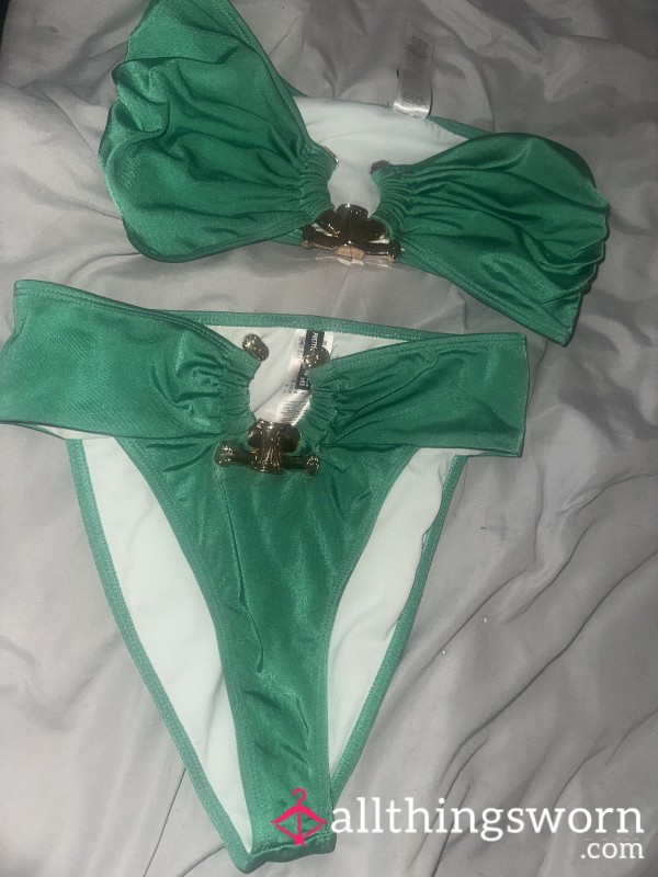 Two Piece Green Bikini With Gold Detailing