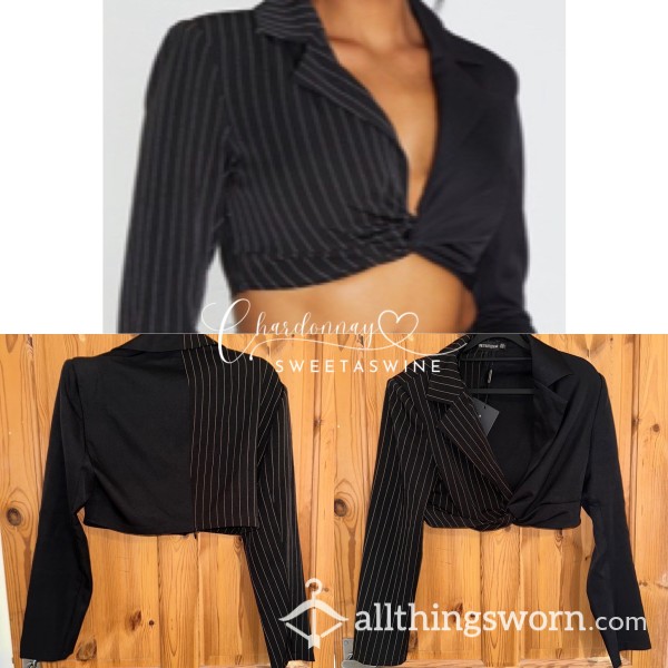 🍷UK 14|🖤Black Twistfront Pinstripe Cropped Blazer Top🤍