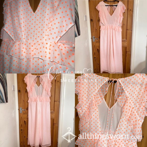 🍷UK 14|🌞White & Orange Polka-Dot Ruffle Mesh Jumpsuit🧡🤍