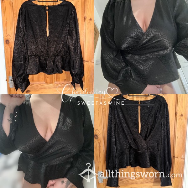 🍷UK 14|🖤Worn Black Satin Plunge Peplum Blouse🖤