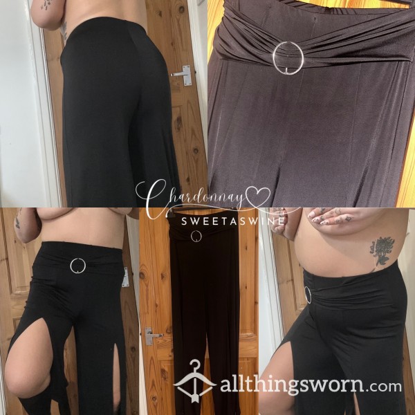 🍷UK 14|🍑Worn Shiny Black Split Flare Trousers🖤