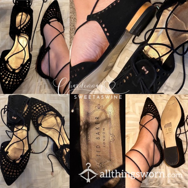 🍷UK 6|🥿Worn Designer Ted Baker Black & Rose Gold Pointed Lace-Up Flats🖤