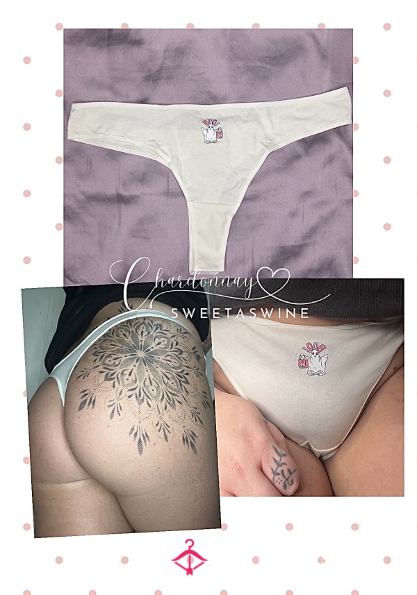 🍷UK L|🍑White Cotton Ghostie Boo Thong👻