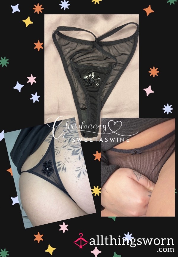 🍷UK M|🍑Black Mesh Sequin Flower G-String🖤