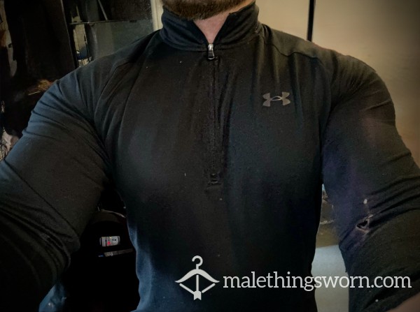 UNDER ARMOUR UA BLACK SWEAT ZIPPER NECK SHIRT WELL WORN USED SWEATY 🥵 MUSKY & SKUNKED 💪🏽🥵👍🏽💧💧👅 📦 🤪✅