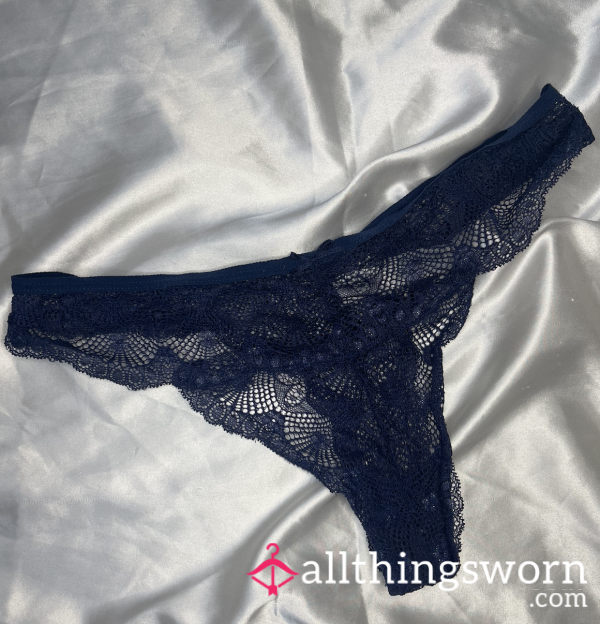 Used Blue Lace-Trimmed Thong Briefs – Soft Cotton, Worn & Sensual