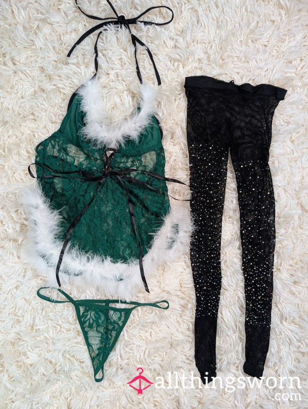 🎄Used Green Lace Xmas G-String Lingerie W/ Fishnet Hosiery🎄