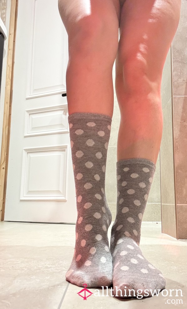 Used Grey Spotty Socks On My Petite Feet