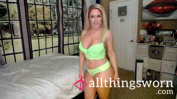 Used LIme Neon GREEN Lace Bra And THONG Panties