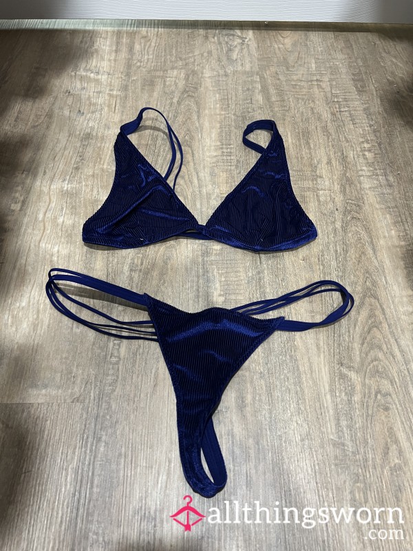 Velvet Corduroy Blue Bra And Thong Set