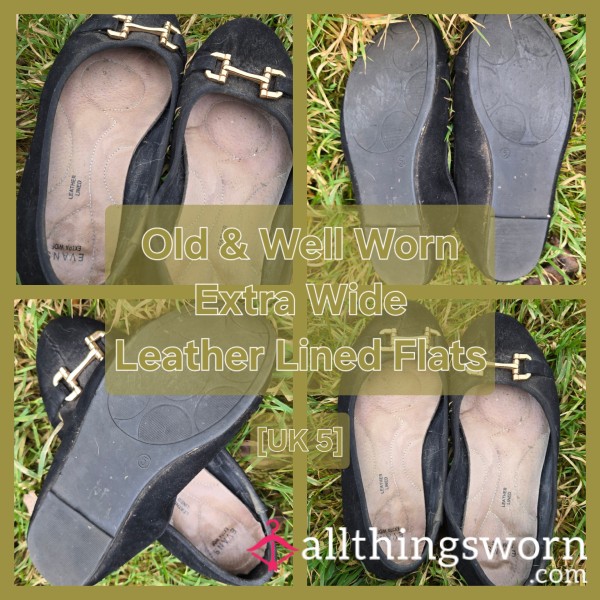 Very Old Well Worn Extra Wide Leather Lined Flats [UK 5] - INTRODUCTORY PRICE