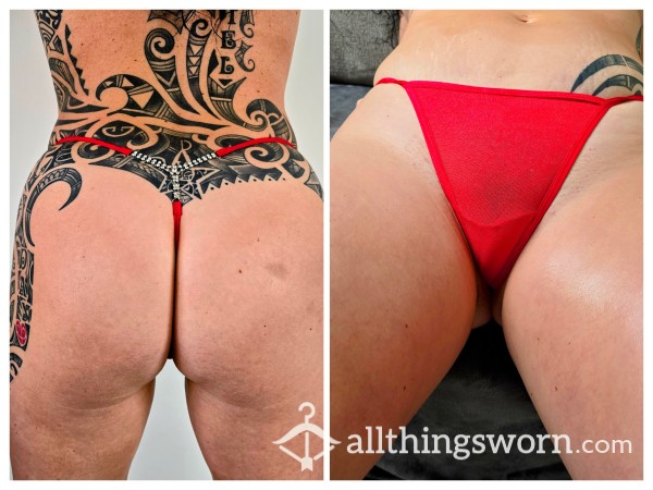 (NS) Thong For Sale ! - Well Worn Dirty Red Silky Thong Panties With Jewels With Alex's Scent - 24 Hour Wear