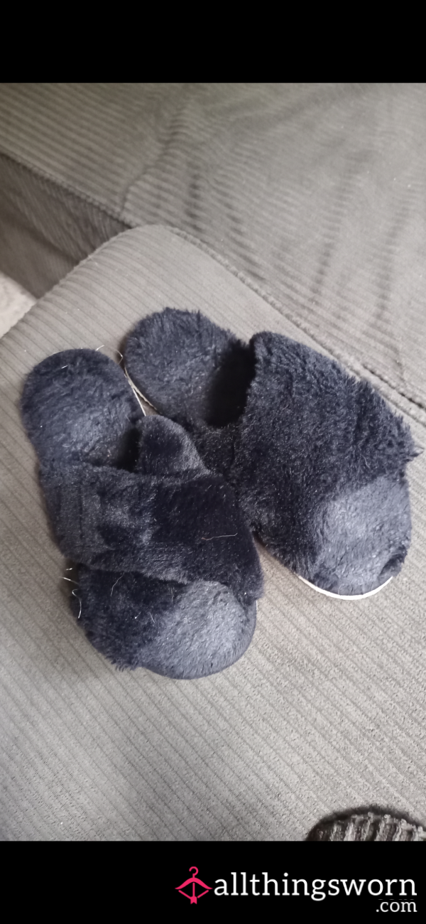 Very Well-worn Fuzzy Black Slippers