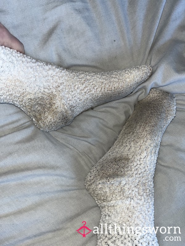 Very Well Worn Smelly White Fluffy Slipper Socks