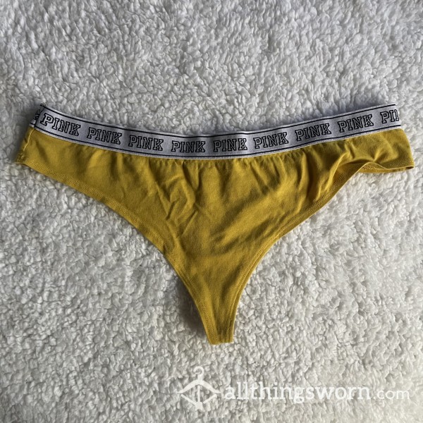 VERY WORN Bright Neon Yellow Victoria's Secret VS PINK Logo Thong *48 HR WEAR*