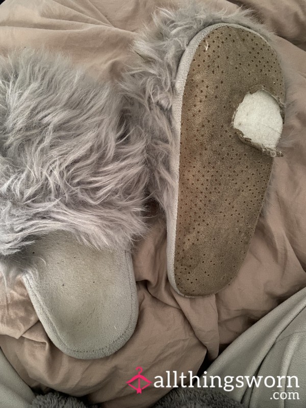 VERY WORN GREY FLUFFY SLIPPERS