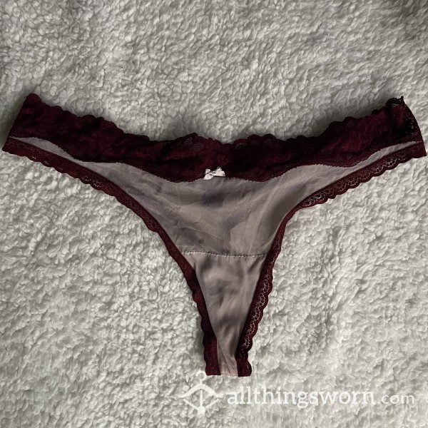 VERY WORN Red Maroon And Nude See-Through Thong *48 HR WEAR*