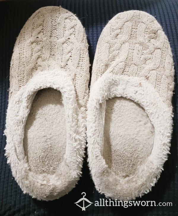 Very Worn, White Fluffy Slippers