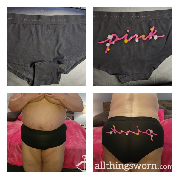 Victoria's Secret Black Boyshort W/pink Written In Cursive On Backside