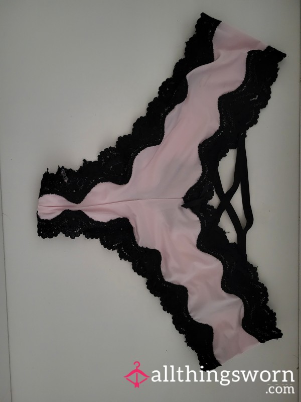 Victoria's Secret Pink Silk With Black Lace , Crisscross Back Cheeky