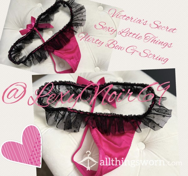 Victoria’s Secret “s**y Little Things” Lingerie Line Flirty Hot Pink Bow And Black Mesh Faux Skirt G-String