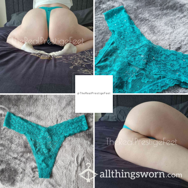 Victoria's Secret Turquoise Lace Thong With Rhinestones | Size L | 2 Days Wear | Includes Pics & Premade Video | See Listing Photos For More Info - From £22.00 + P&P