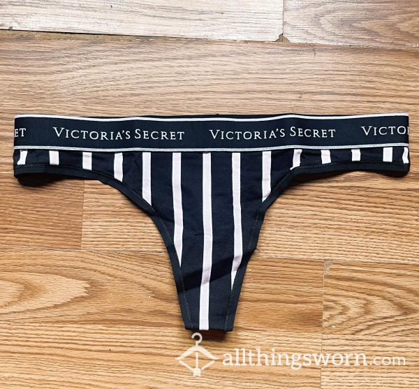 VS Black And Pink Striped Logo Band Thong