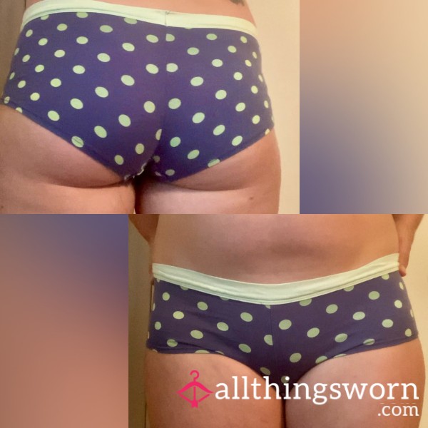 VS Well-worn Cotton Blue With Lime Green Polka Dot Boyshorts