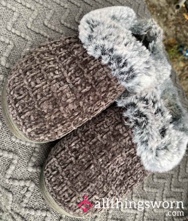 Well-loved Black Fuzzy Slippers