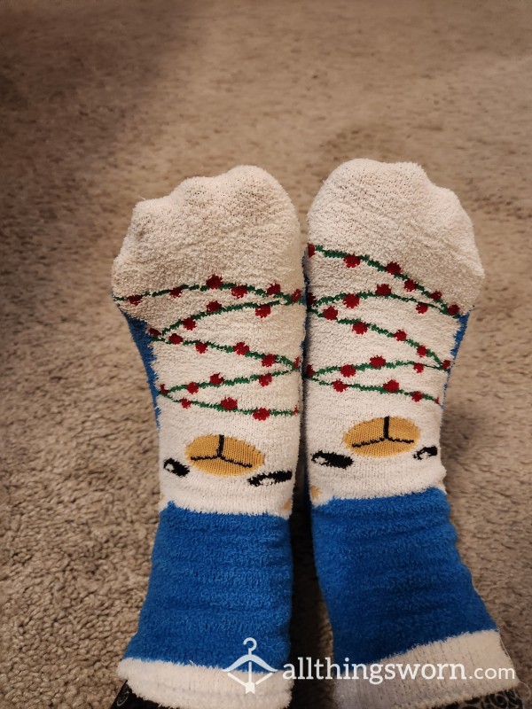 Well-loved Blue Llama Socks