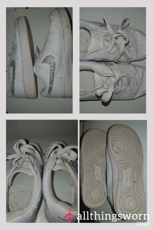 Well Worn And Used White Air Force 1's With Diamanté Nike Tick