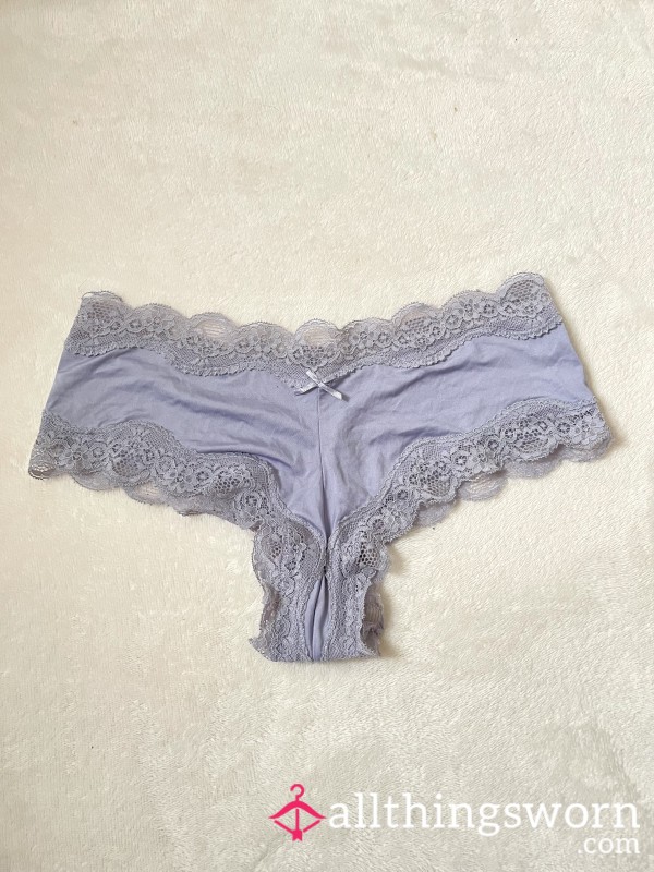 Well Worn Baby Blue Satin Lace Hipster Brazilian Panties | 24 Hour Wear Included