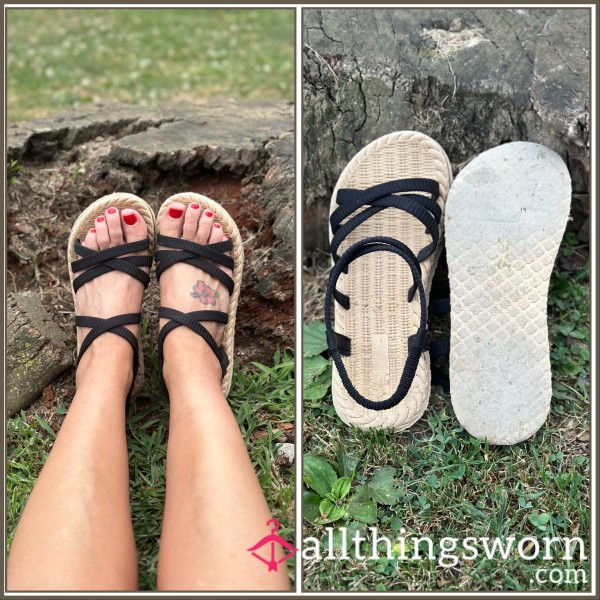 Well Worn Black And Tan Sandals