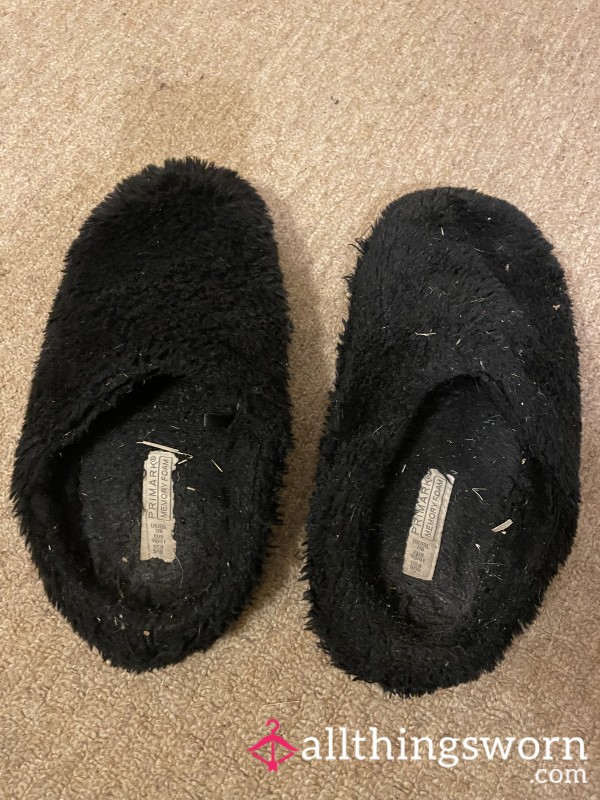 Well Worn Black Fluffy Slippers