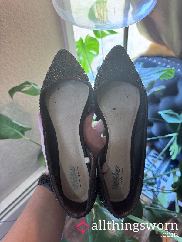 (Pending Shipment) Well-Worn Black Sparkle Flats, Sweaty And Stinky!