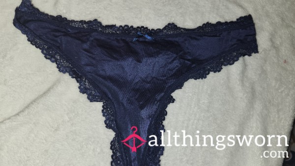 Well Worn Blue Thong With Lace Trim