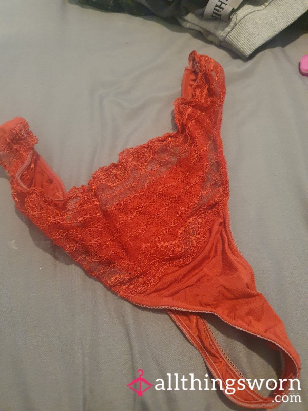 Well Worn, Dirty Red Thong With Mesh Lace Front